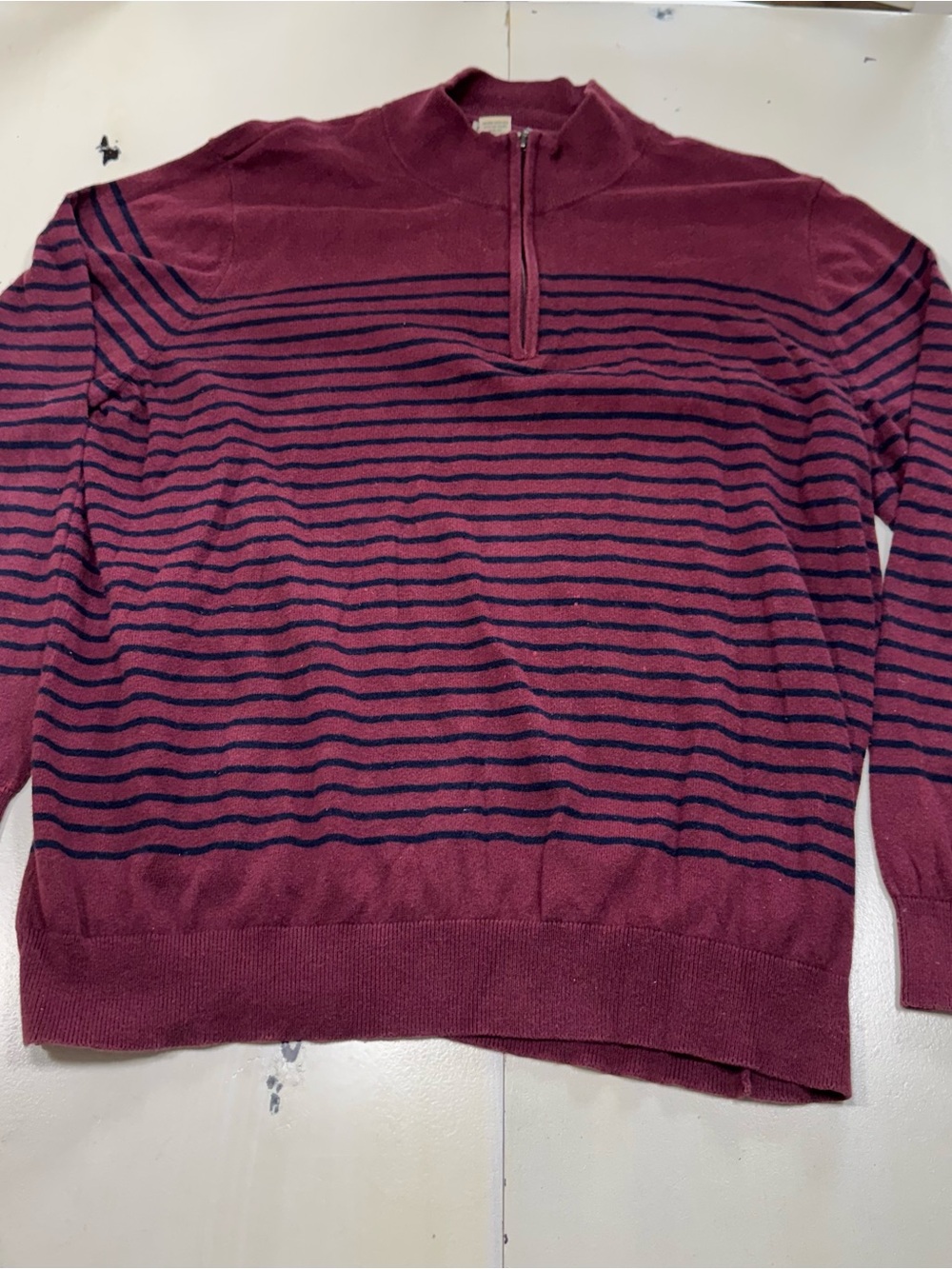 L.L.Bean Men's Cotton Cashmere 1/4 Zip Striped Sweater Burgundy / Navy (Size XXL